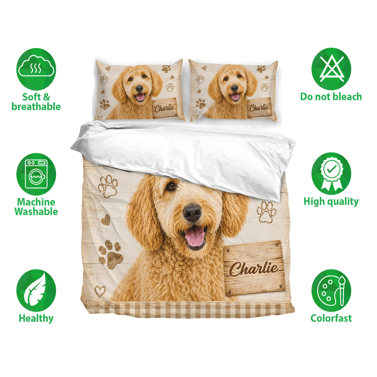 Labradoodle bedding set displayed with matching pillowcases and a warm rustic dog portrait design