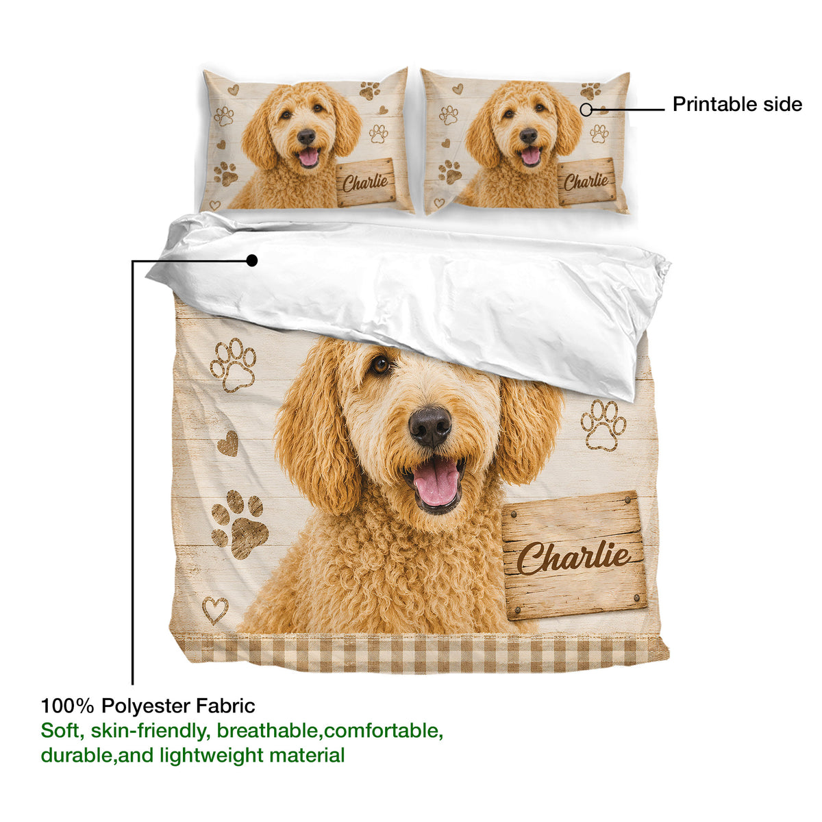 Labradoodle duvet cover detail showing the printed side, soft fabric, and large curly dog portrait