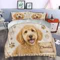 Labradoodle duvet cover bedding set styled in a bedroom with warm beige woodgrain artwork and paw prints