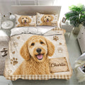 Rustic Labradoodle bedroom bedding with a large dog portrait, matching pillowcases, hearts, and paw prints