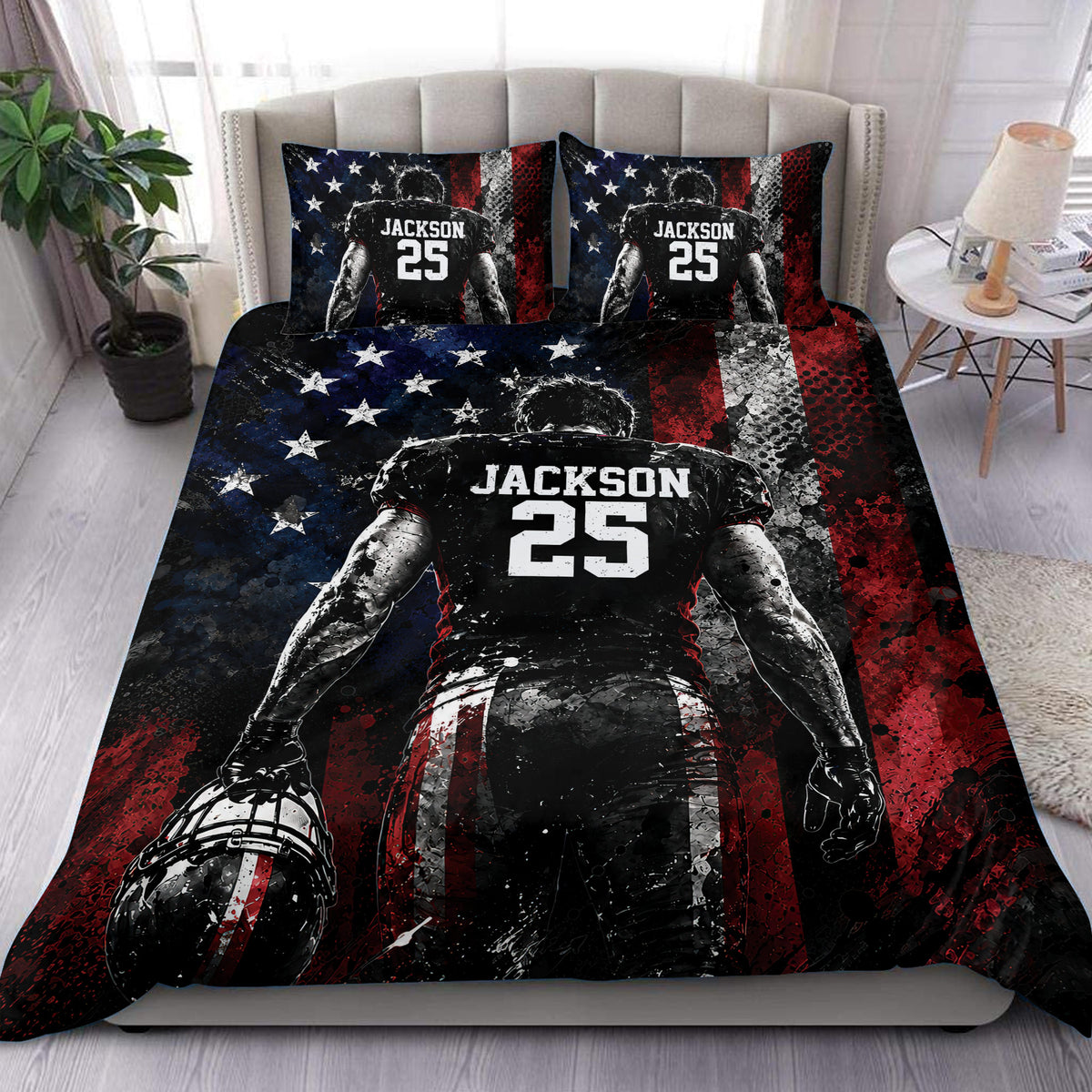 Football duvet cover set featuring a dramatic player graphic in red, blue, black, and white bedroom decor