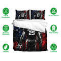 Football bedding set displayed with matching pillowcases and bold red, blue, and black player artwork