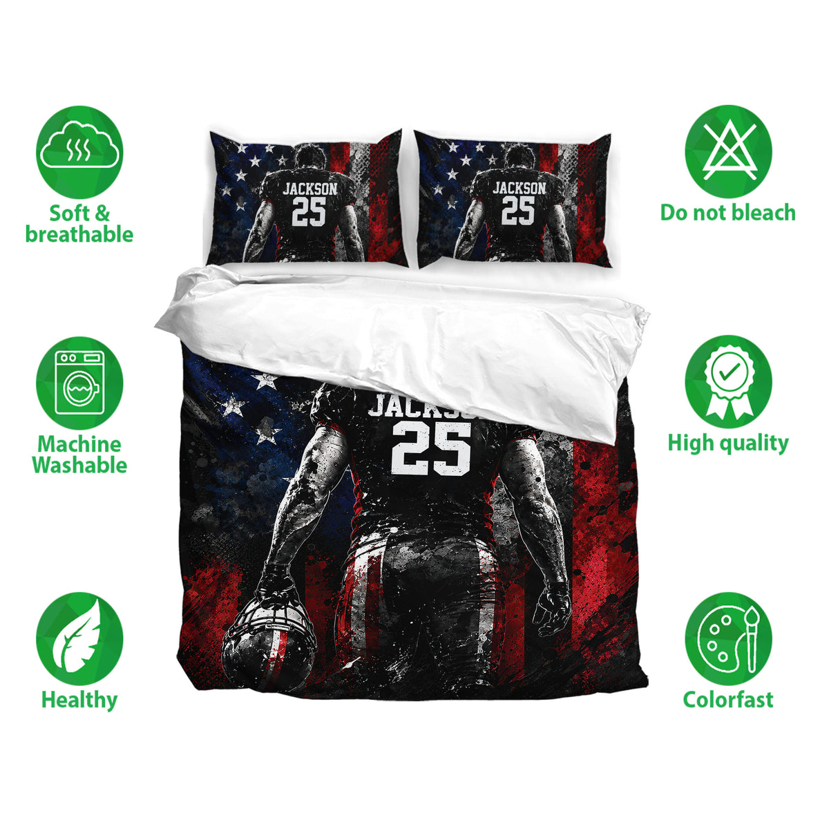 Football bedding set displayed with matching pillowcases and bold red, blue, and black player artwork