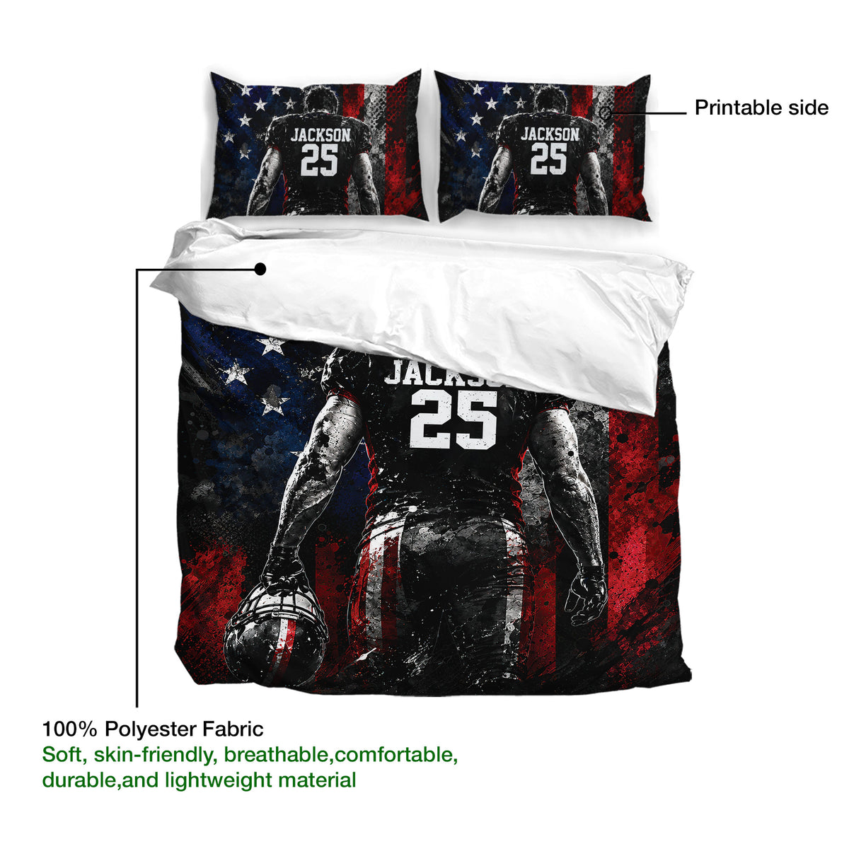 Football duvet cover set showing a printable player design with star accents and a dark athletic theme