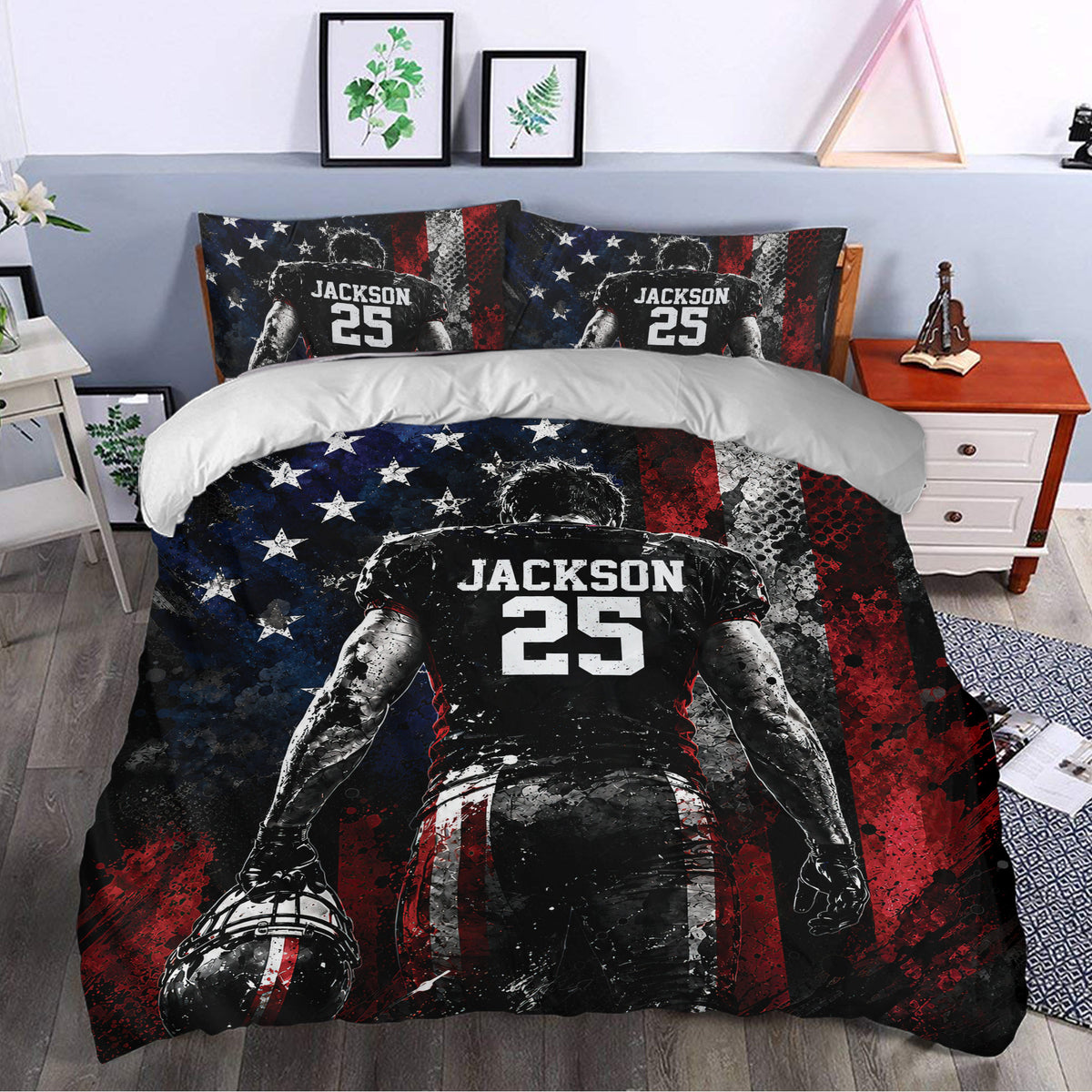 Football bedding set styled in a modern bedroom with bold player artwork and distressed red and blue graphics