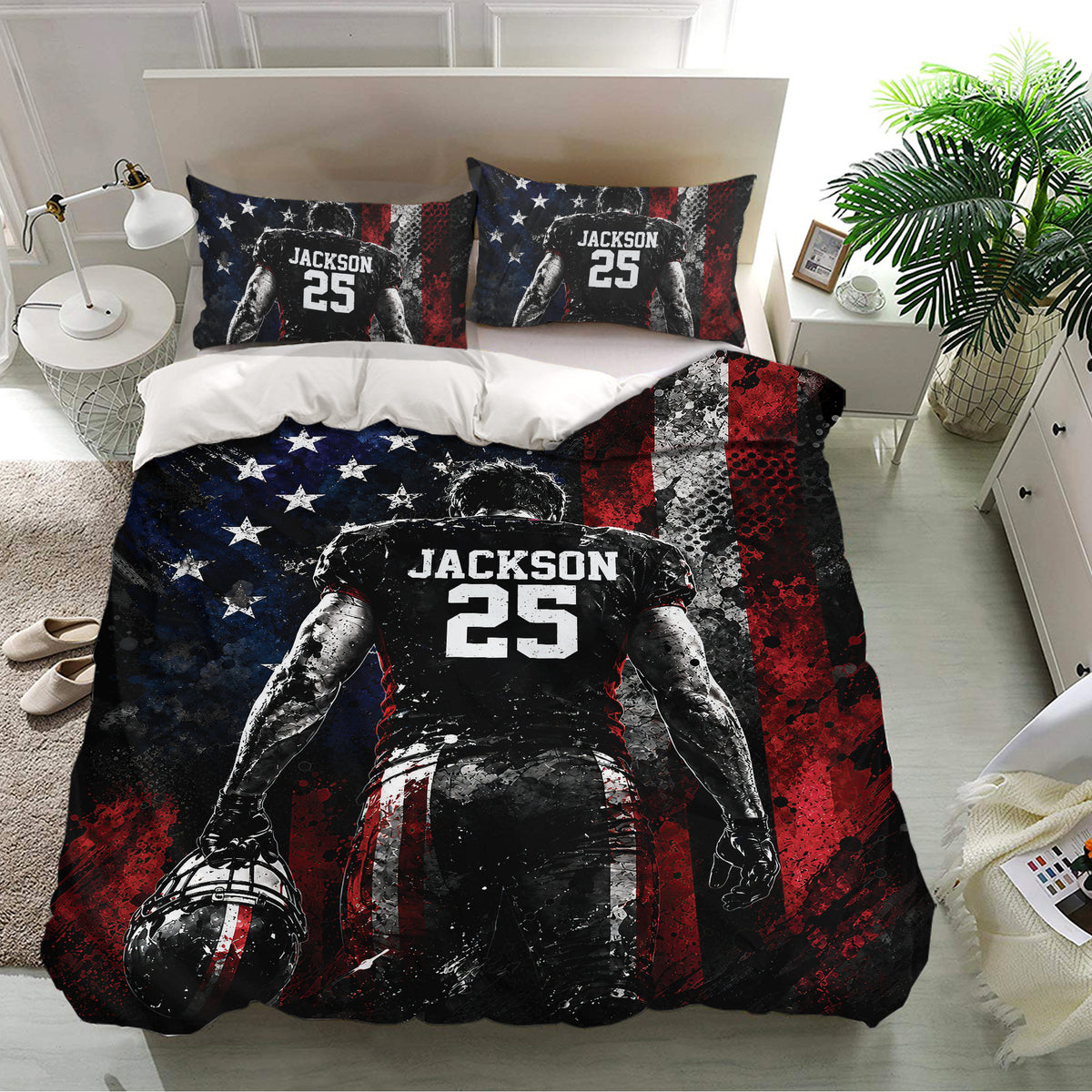 Football duvet cover and matching pillowcases featuring a powerful player design for sports bedroom decor
