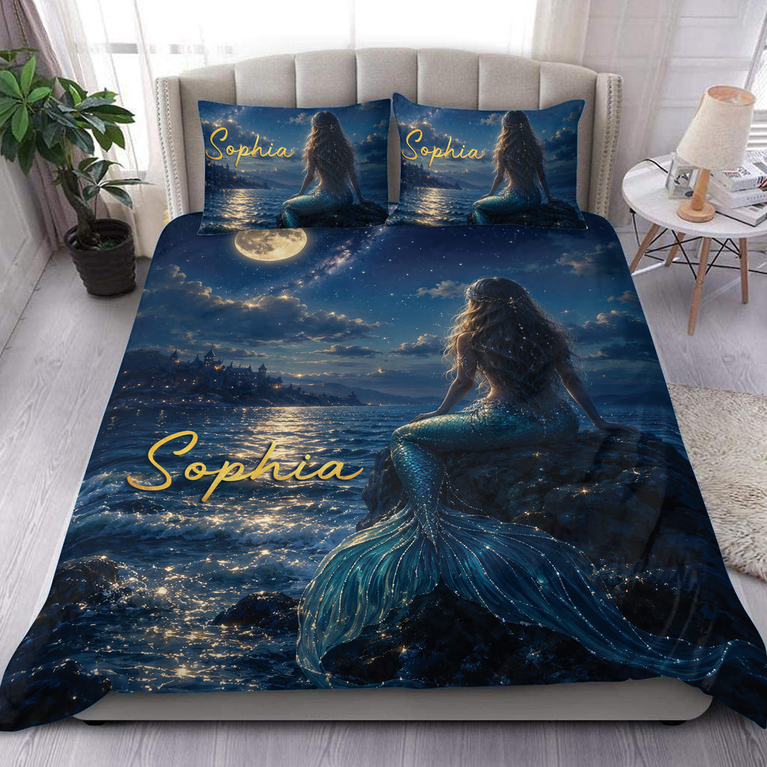Mermaid duvet cover bedding set displayed on a bed with a moonlit ocean and starry night design