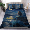 Mermaid duvet cover bedding set displayed on a bed with a moonlit ocean and starry night design