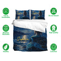 Mermaid duvet cover set presentation showing matching bedding, soft breathable fabric, and deep blue artwork