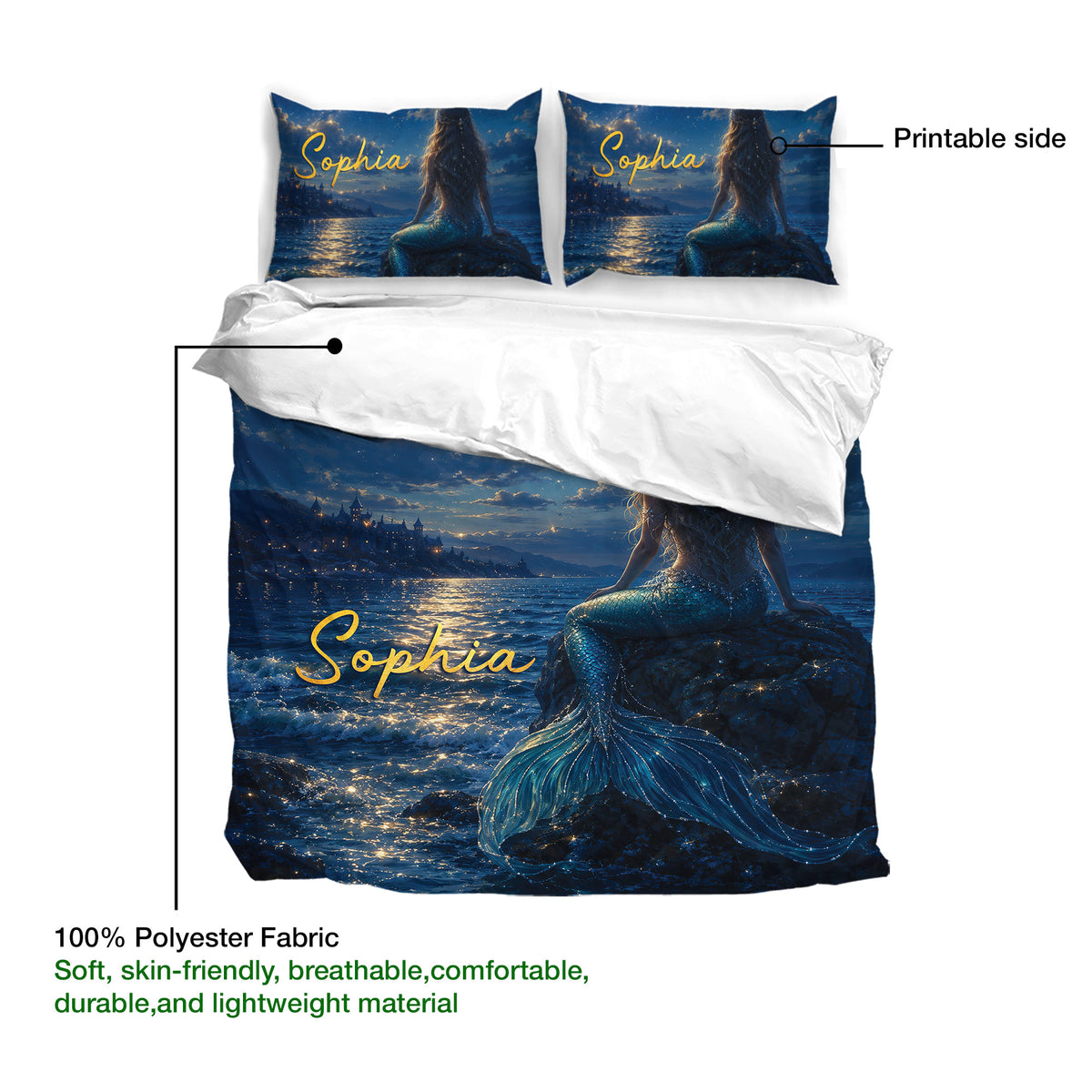 Mermaid bedding set detail showing the printed side and moonlit ocean artwork on the duvet cover