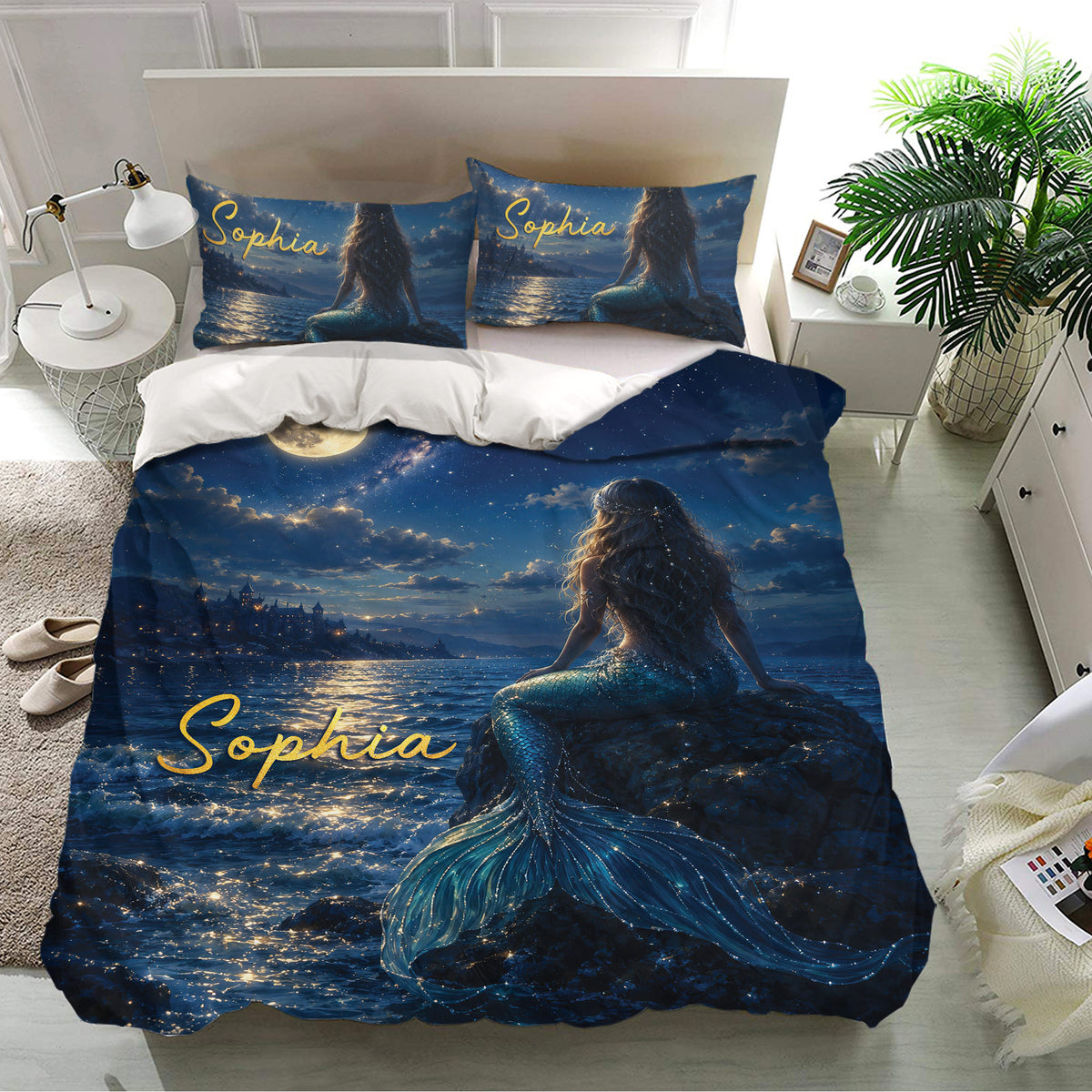 Mermaid bedding set displayed in a bright bedroom with matching pillowcases and deep ocean artwork