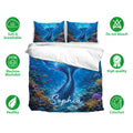 Mermaid bedding set with blue underwater artwork, coral reef details, and matching pillowcases