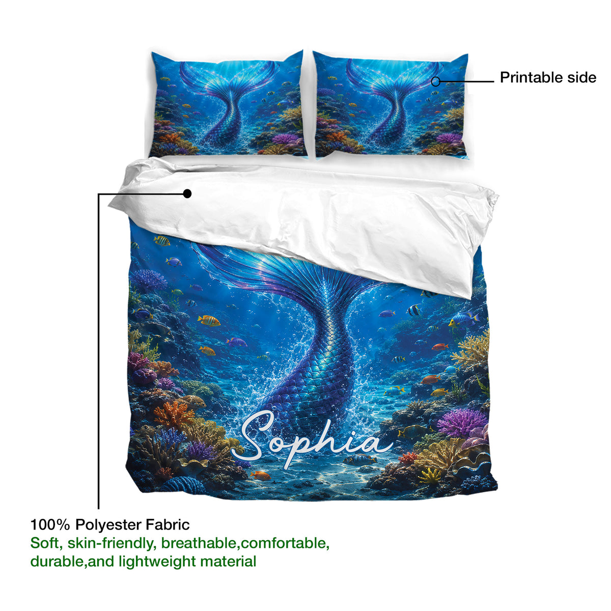 Mermaid duvet cover set detail showing the printable blue ocean design and matching pillowcases