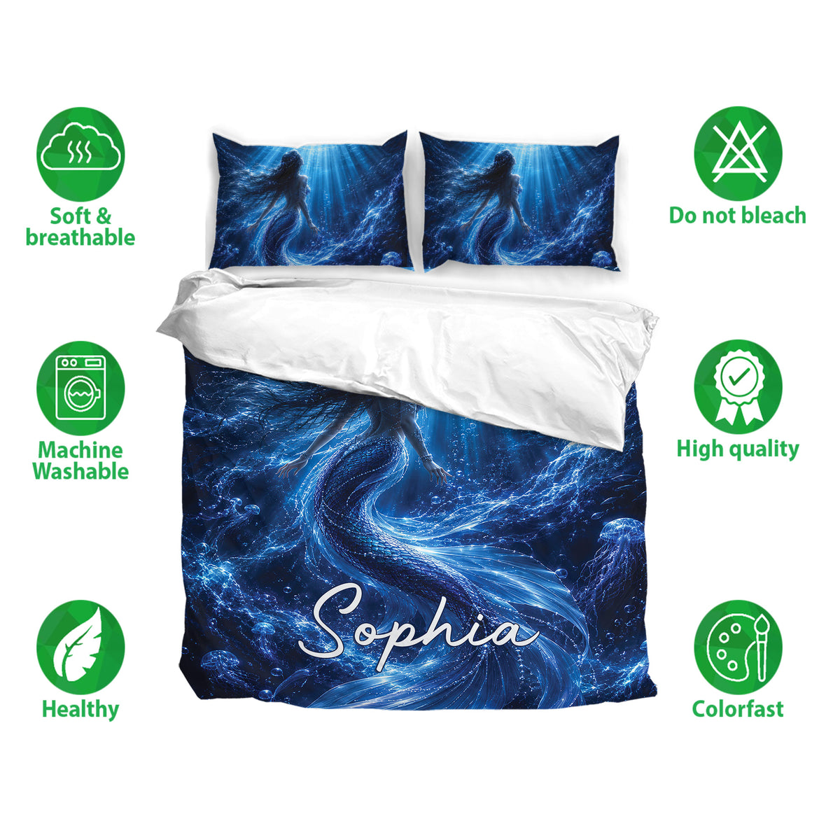 Mermaid bedding set with underwater artwork, matching pillowcases, and a deep blue ocean-inspired design