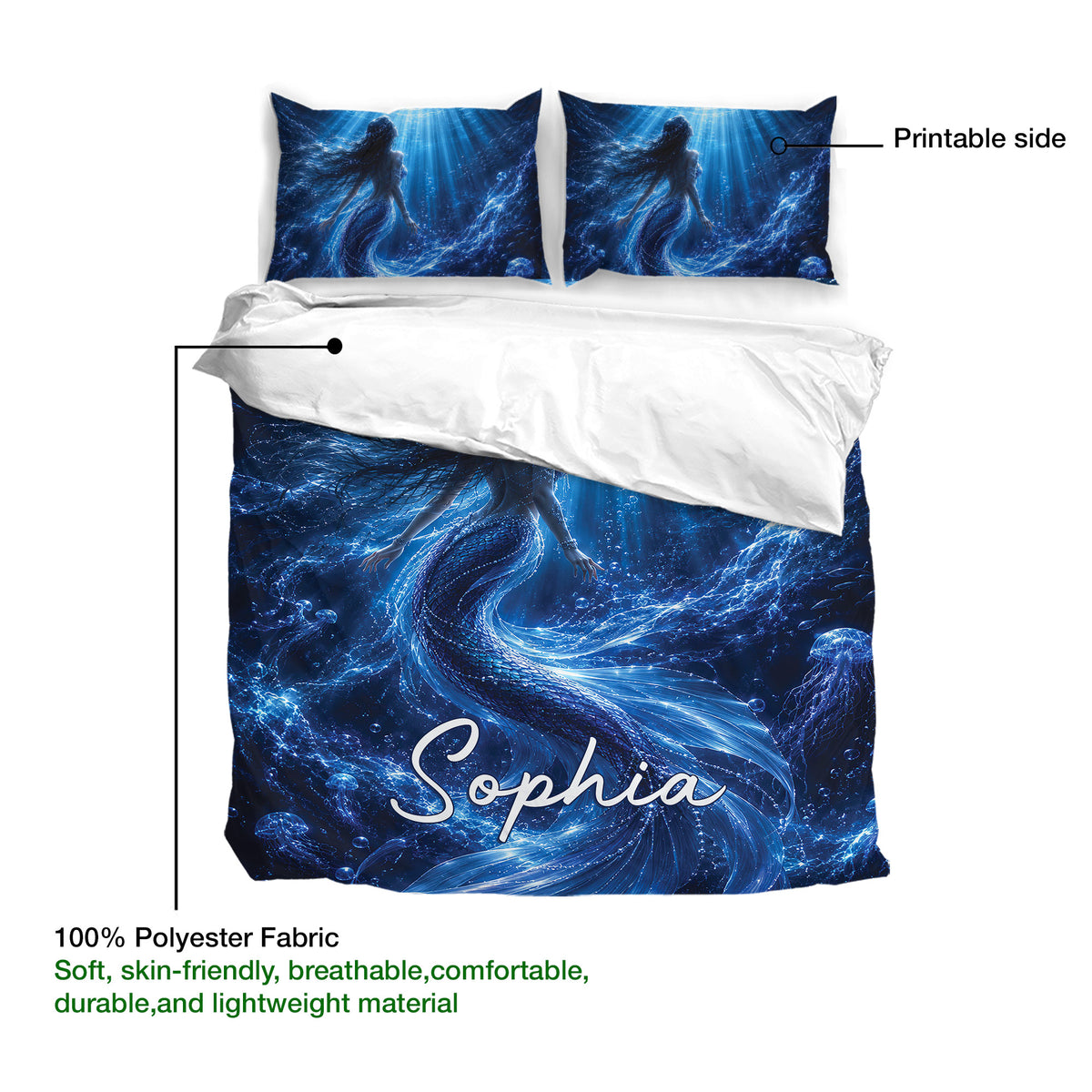Mermaid duvet cover set shown with a blue underwater design and soft polyester fabric detail