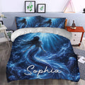Mermaid duvet cover bedding set styled in a bedroom with glowing blue ocean artwork