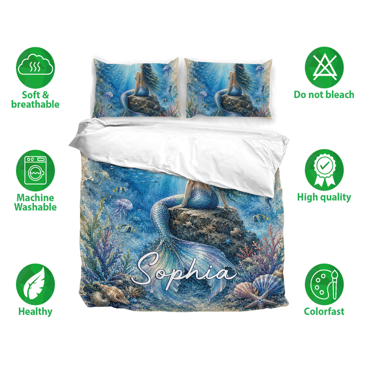 Mermaid bedding set shown with matching pillowcases, ocean artwork, coral, fish, and underwater details