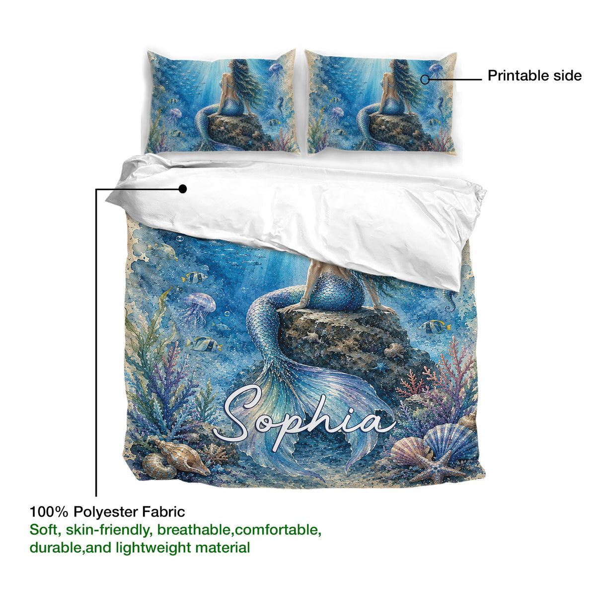 Mermaid duvet cover with matching pillowcases displayed in blue underwater artwork and ocean-inspired colors