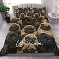 Pug duvet cover bedding set displayed on a bed with a repeating vintage-style pug portrait pattern