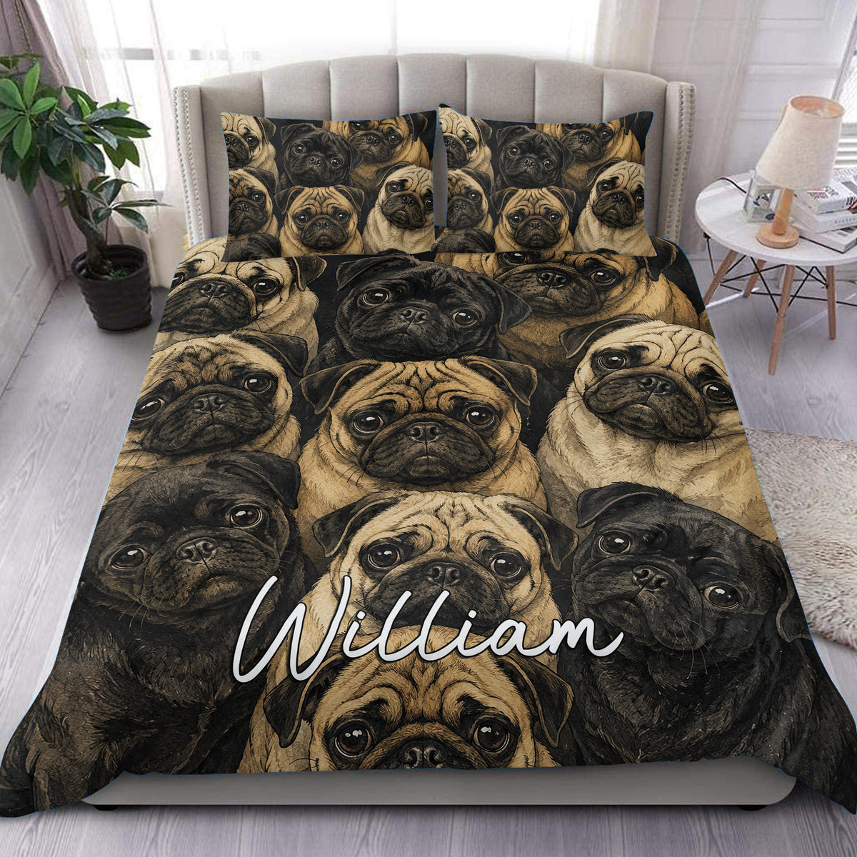 Pug duvet cover bedding set displayed on a bed with a repeating vintage-style pug portrait pattern