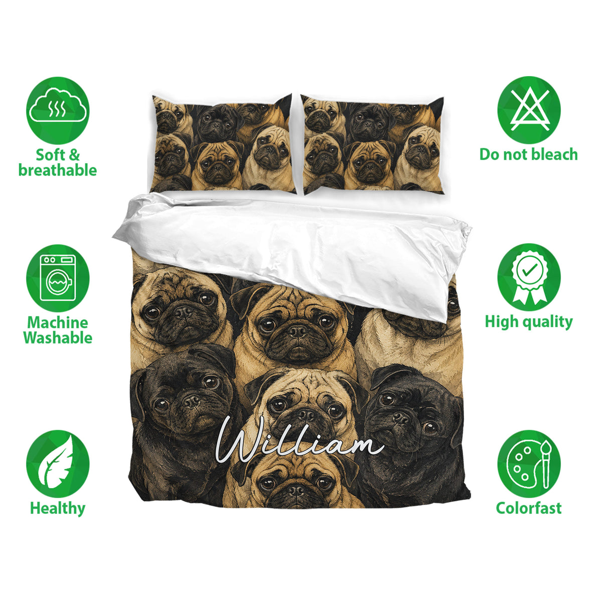 Pug bedding set displayed with matching pillowcases and soft breathable fabric feature icons