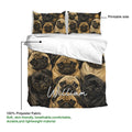 Pug duvet cover set showing the printable side, polyester fabric, and matching pillowcases