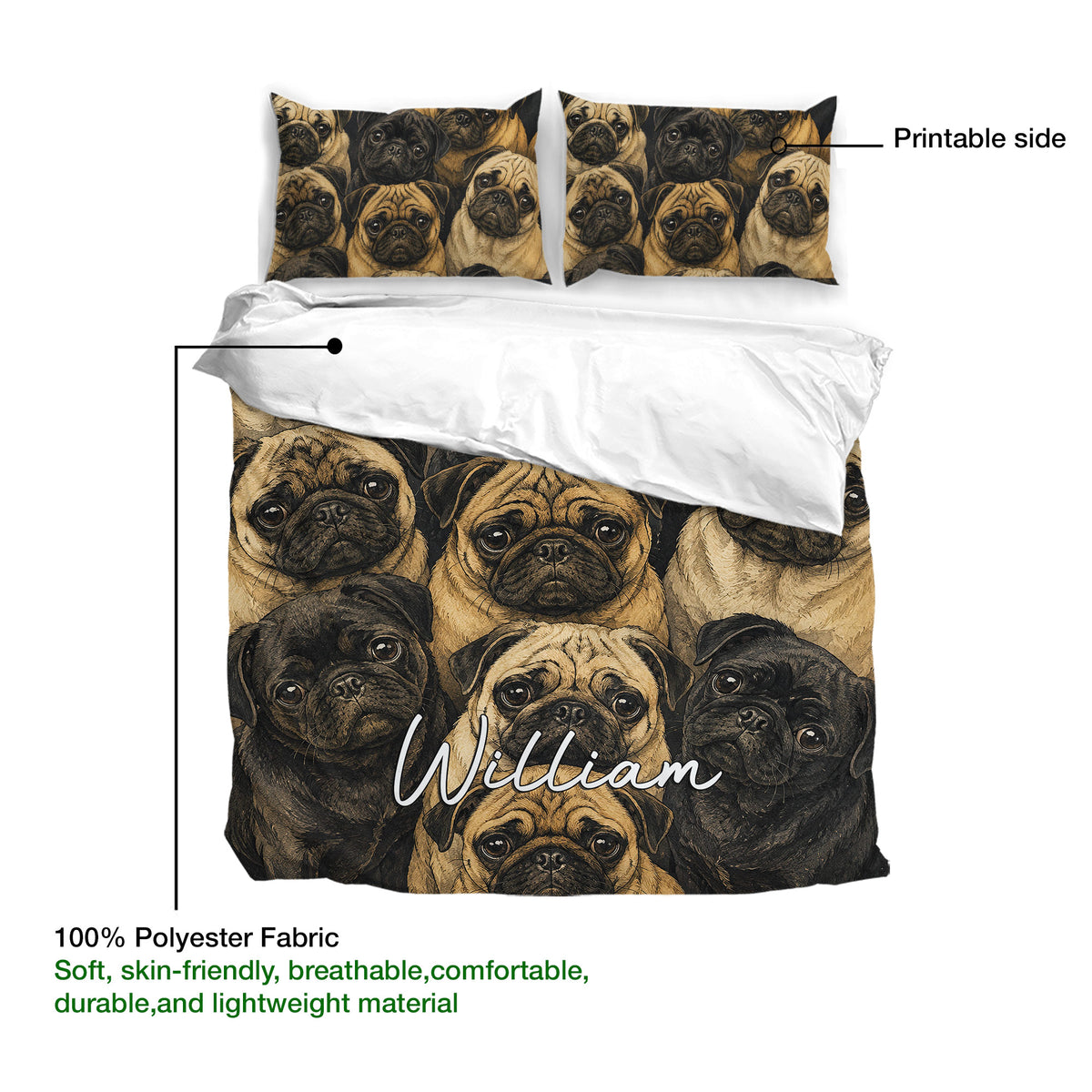 Pug duvet cover set showing the printable side, polyester fabric, and matching pillowcases