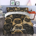 Pug duvet cover bedding set styled in a modern bedroom with warm brown and black artwork