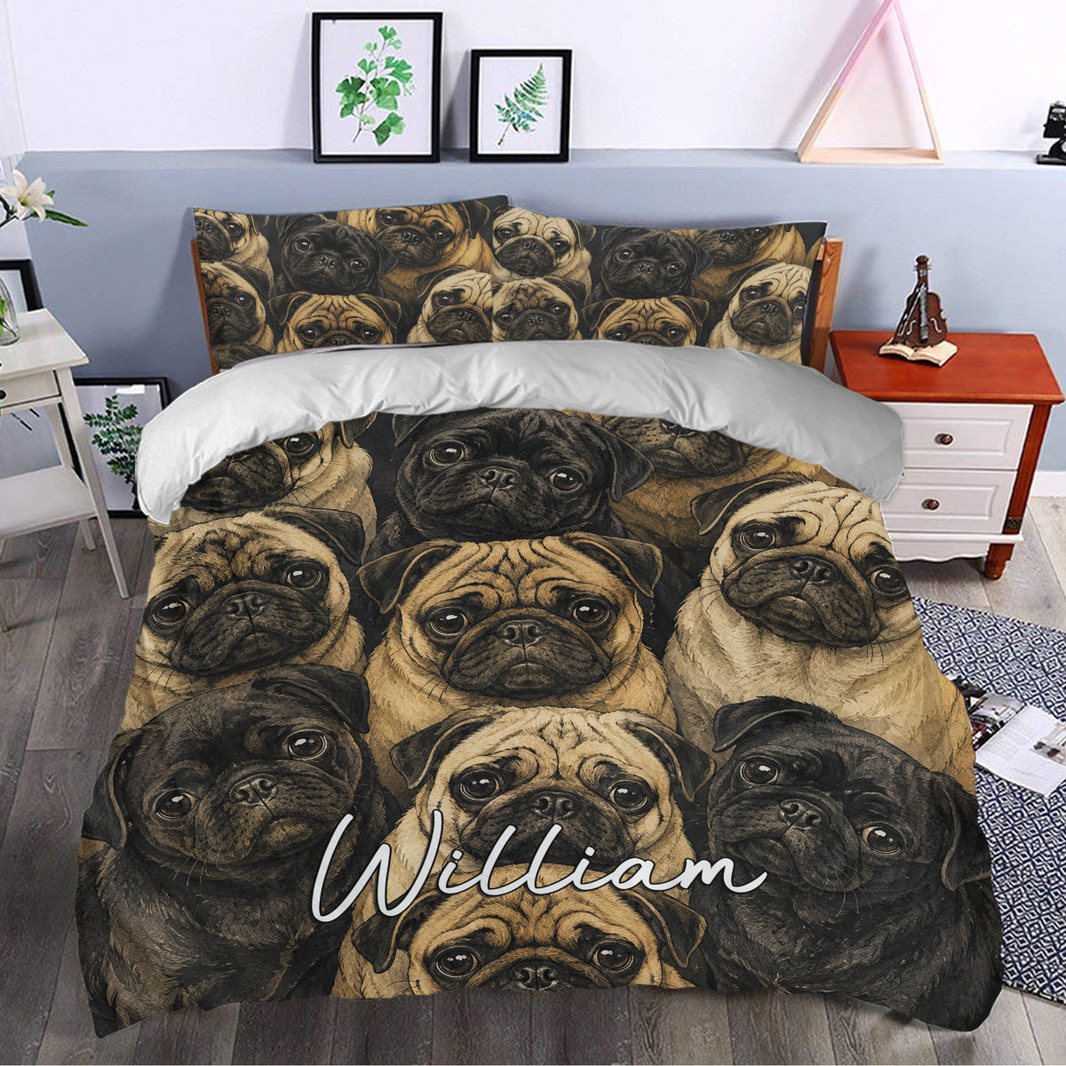 Pug duvet cover bedding set styled in a modern bedroom with warm brown and black artwork