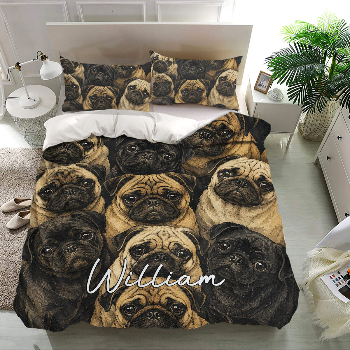 Pug bedding set presented in a bright bedroom with matching portrait-patterned pillowcases
