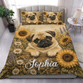 Pug duvet cover set displayed on a bed with sunflowers, wildflowers, and warm rustic bedroom decor