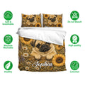 Pug bedding set with sunflower artwork shown with breathable fabric and easy-care feature icons