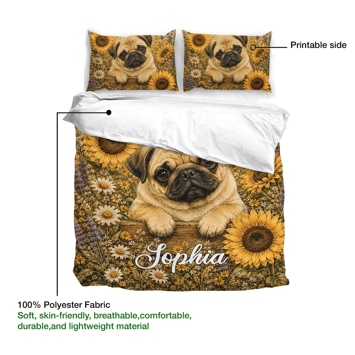 Pug duvet cover bedding set showing a floral print, soft polyester fabric, and printable front side