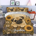 Rustic pug duvet cover with sunflower and wildflower artwork styled in a cozy bedroom