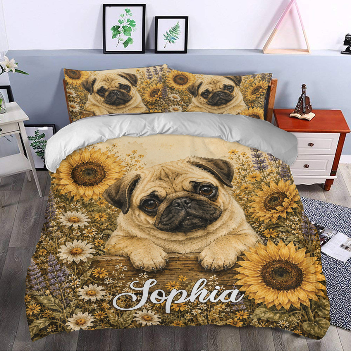 Rustic pug duvet cover with sunflower and wildflower artwork styled in a cozy bedroom