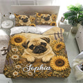 Pug bedding set featuring a large floral portrait design with sunflowers in a bright bedroom