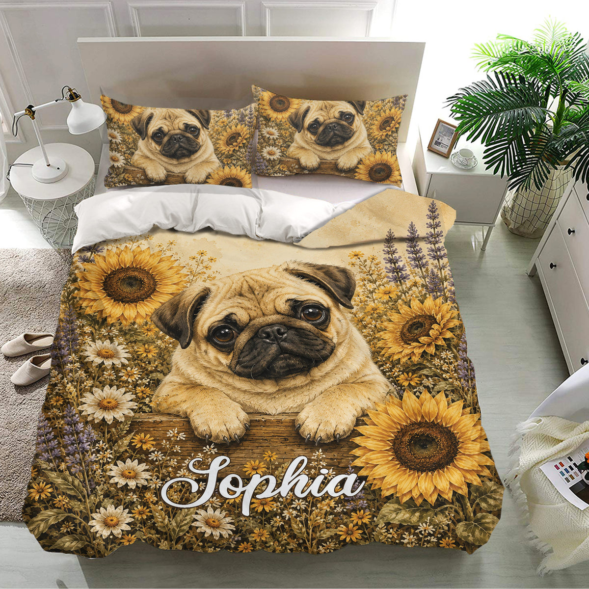 Pug bedding set featuring a large floral portrait design with sunflowers in a bright bedroom