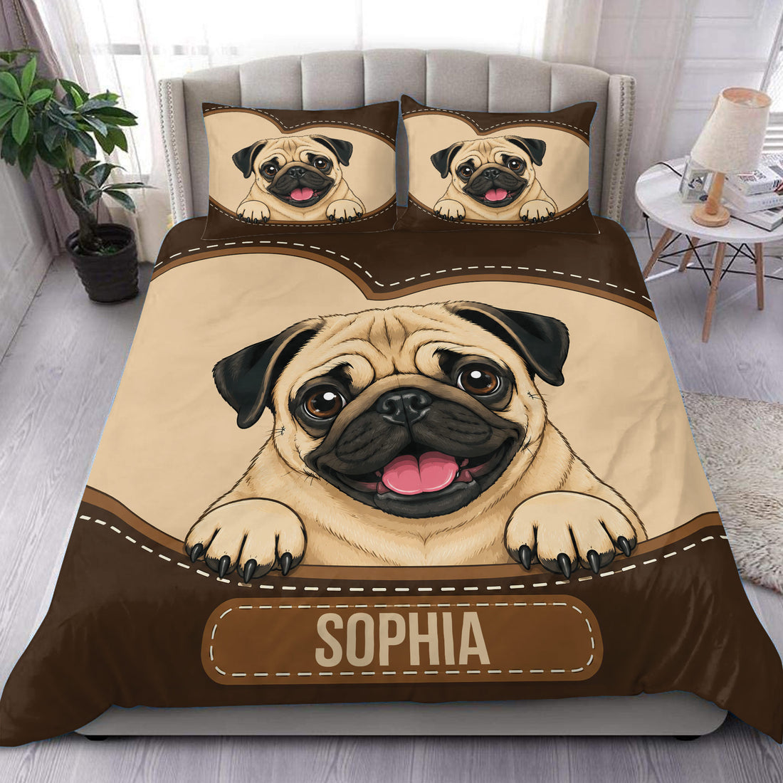 Pug duvet cover set displayed on a bed with a large cheerful pug portrait in warm brown and tan tones