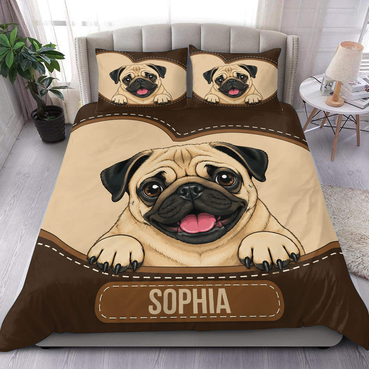 Pug duvet cover set displayed on a bed with a large cheerful pug portrait in warm brown and tan tones