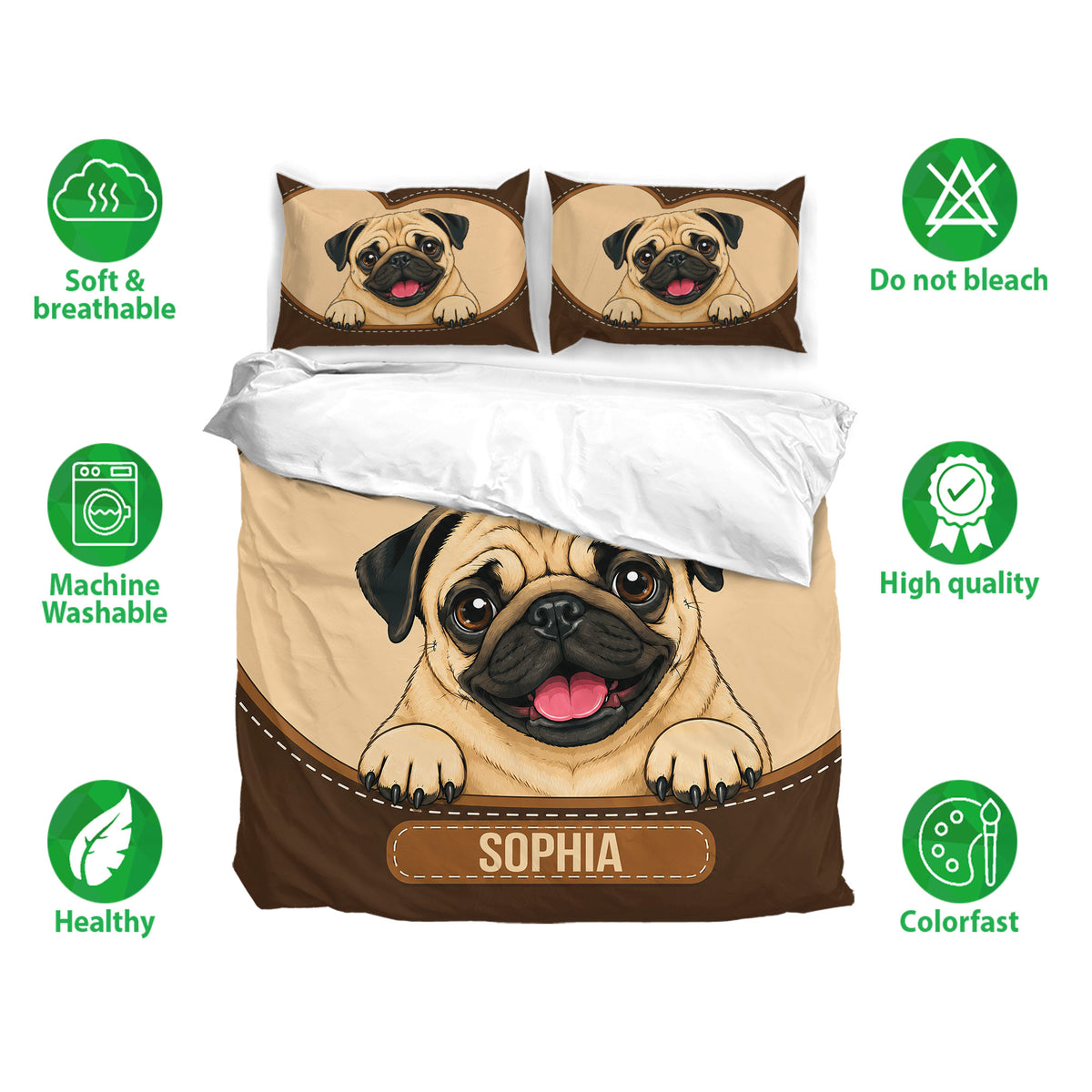 Pug bedding set shown with matching pillowcases and soft breathable fabric care feature icons