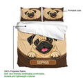 Pug duvet cover bedding set showing the printed side, fabric detail, and large pug artwork