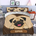 Pug duvet cover styled in a bedroom with matching pillowcases and a playful oversized dog portrait
