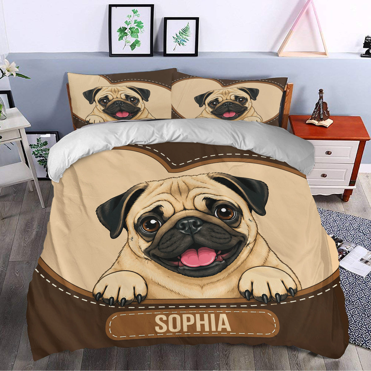 Pug duvet cover styled in a bedroom with matching pillowcases and a playful oversized dog portrait