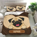 Pug bedding set presented in a bright bedroom with matching pillowcases and warm brown artwork