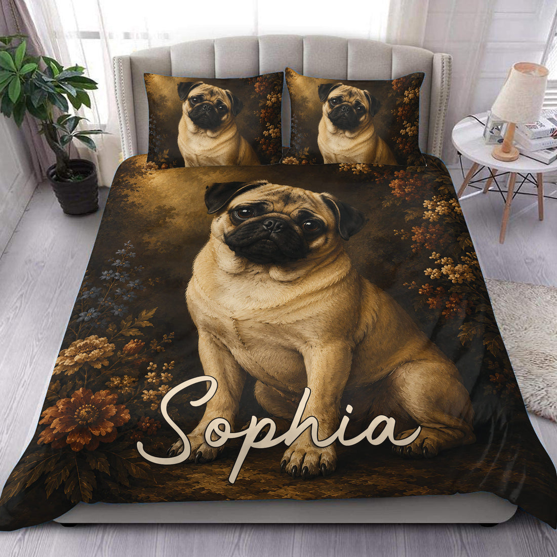 Pug duvet cover set displayed on a bed with floral artwork and warm brown bedroom styling