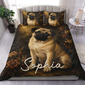 Pug duvet cover set displayed on a bed with floral artwork and warm brown bedroom styling