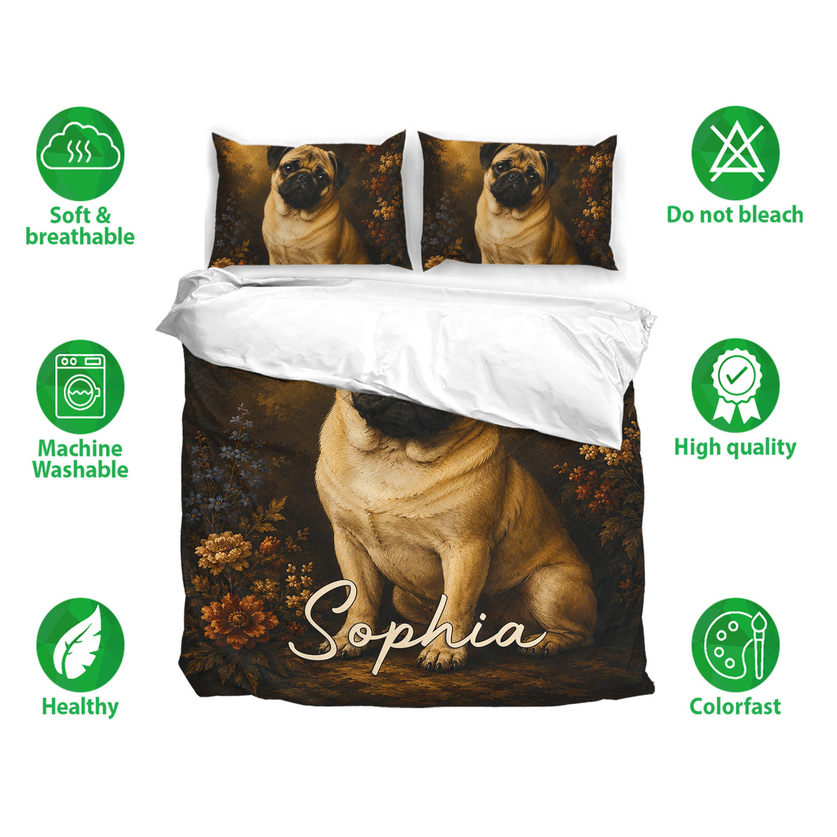 Pug bedding set with matching pillowcases, floral artwork, and soft breathable fabric features