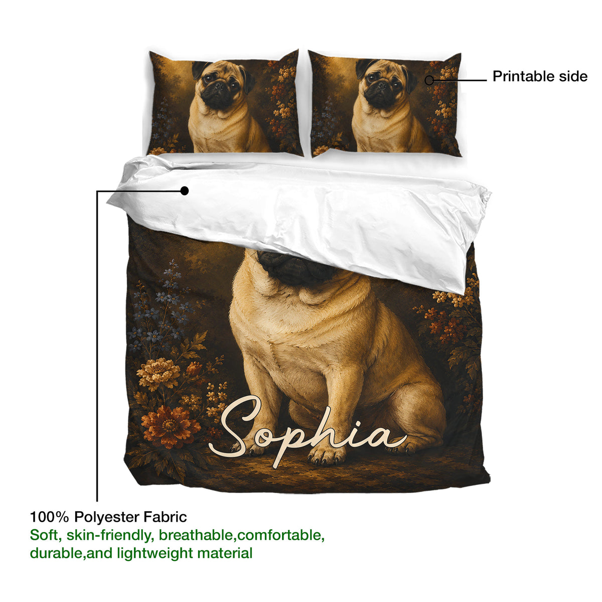 Pug duvet cover bedding set detail showing printed artwork and lightweight polyester fabric