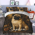 Pug duvet cover styled in a bright bedroom with matching pillows and botanical decor