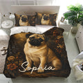 Pug bedding set presented in a modern bedroom with floral portrait artwork and dark tones